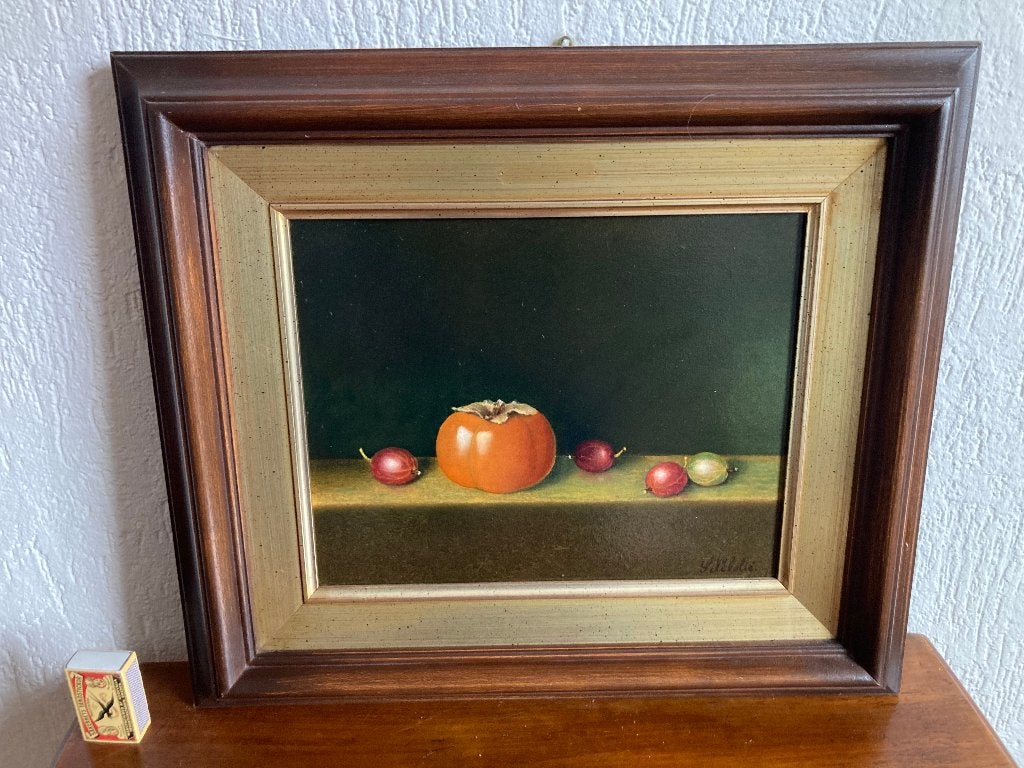 fotorealistisch olieverf schilderij stilleven kaki kruisbes, Paneel, Realistisch, Stilleven, Ophalen of Verzenden