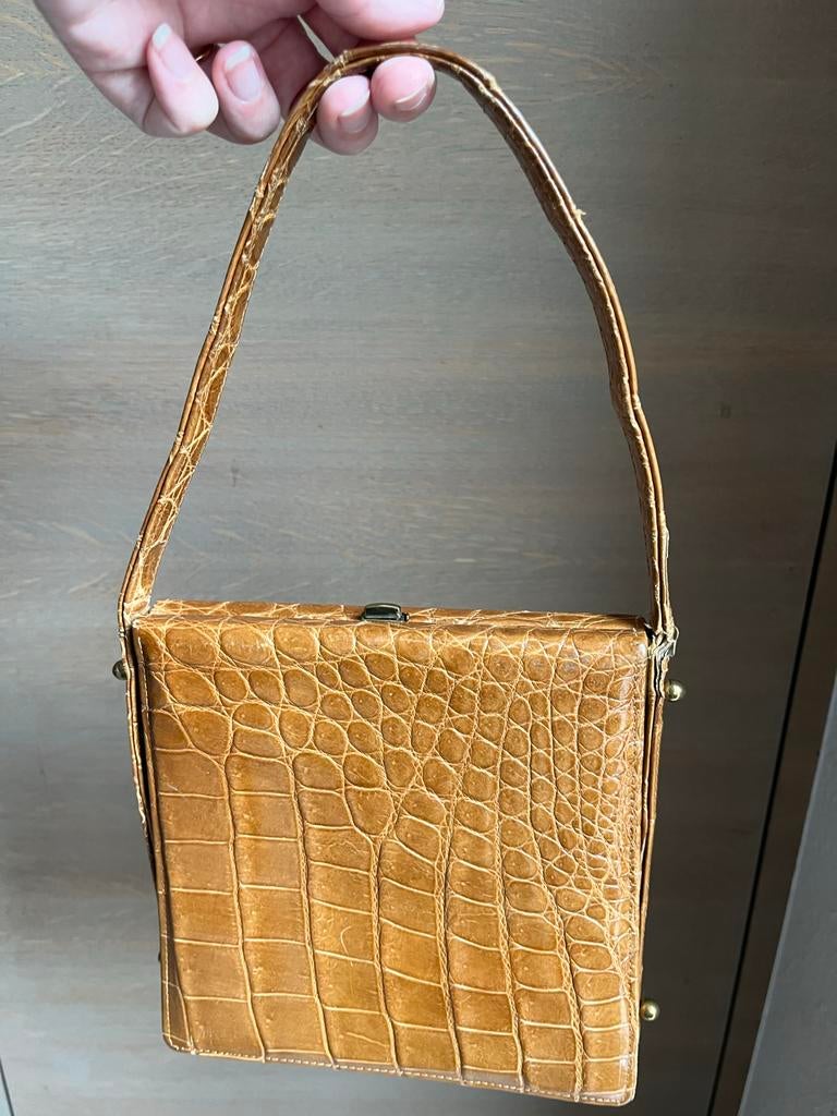 Vintage Zumpolle Box Bag Krokodillenleer Cognac Jaren '50/'6, Sieraden, Tassen en Uiterlijk, Tassen | Damestassen, Ophalen of Verzenden