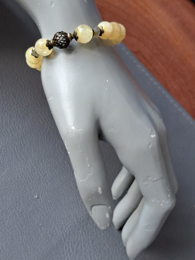 383 Edelsteen armband citrien 10mm met Labradoriet facet, Geel, Nieuw, Ophalen of Verzenden, Elastiek