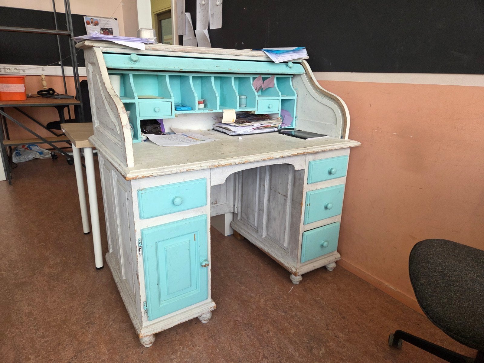 Vintage Secretaire Bureau met Rolluik - Turquoise/Wit, Ophalen, Met lades, Gebruikt, Hout