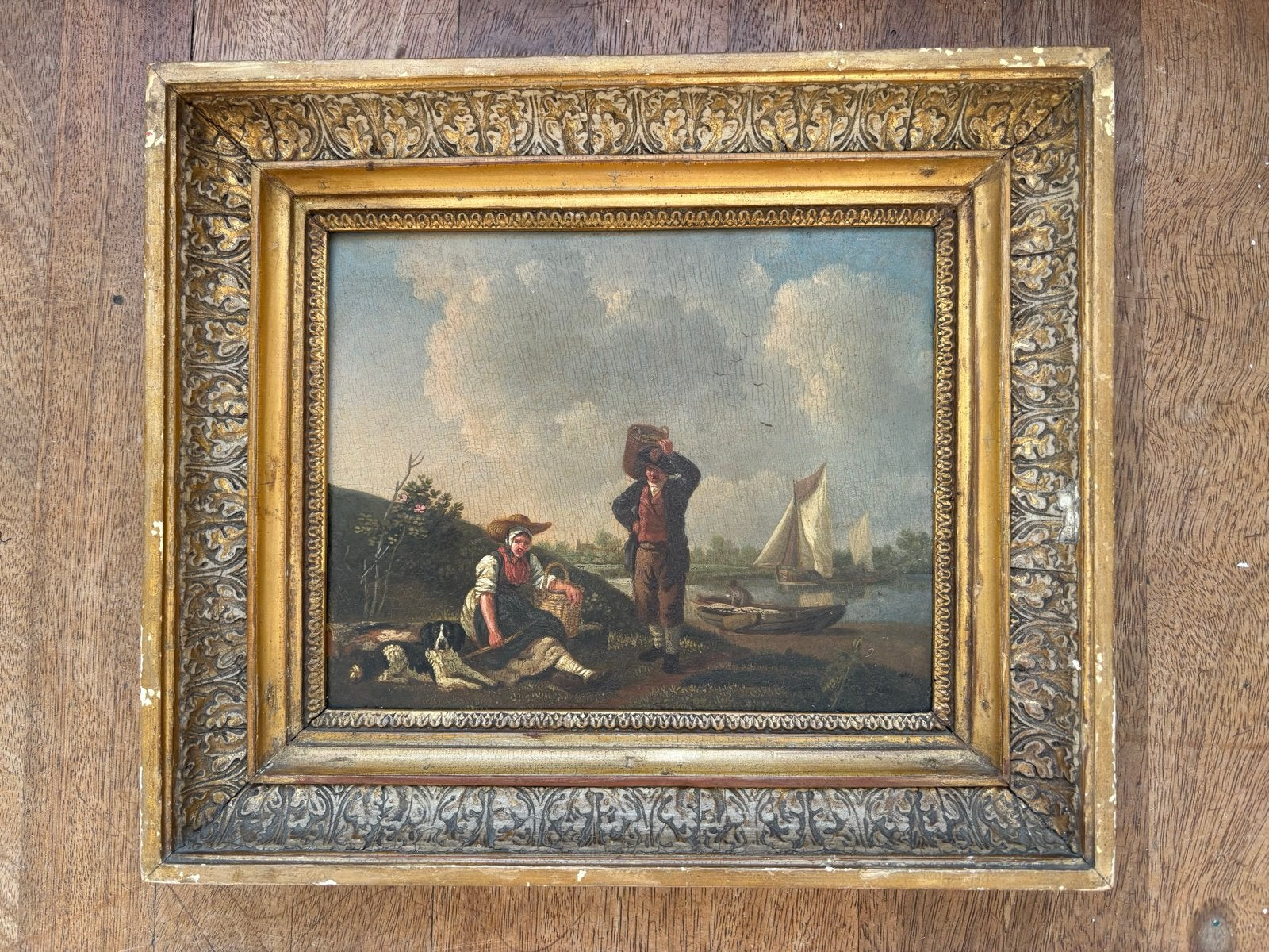 Oud Hollands schilderij: Figuren aan het water, Ophalen, Oud hollands, Olieverf, Ingelijst