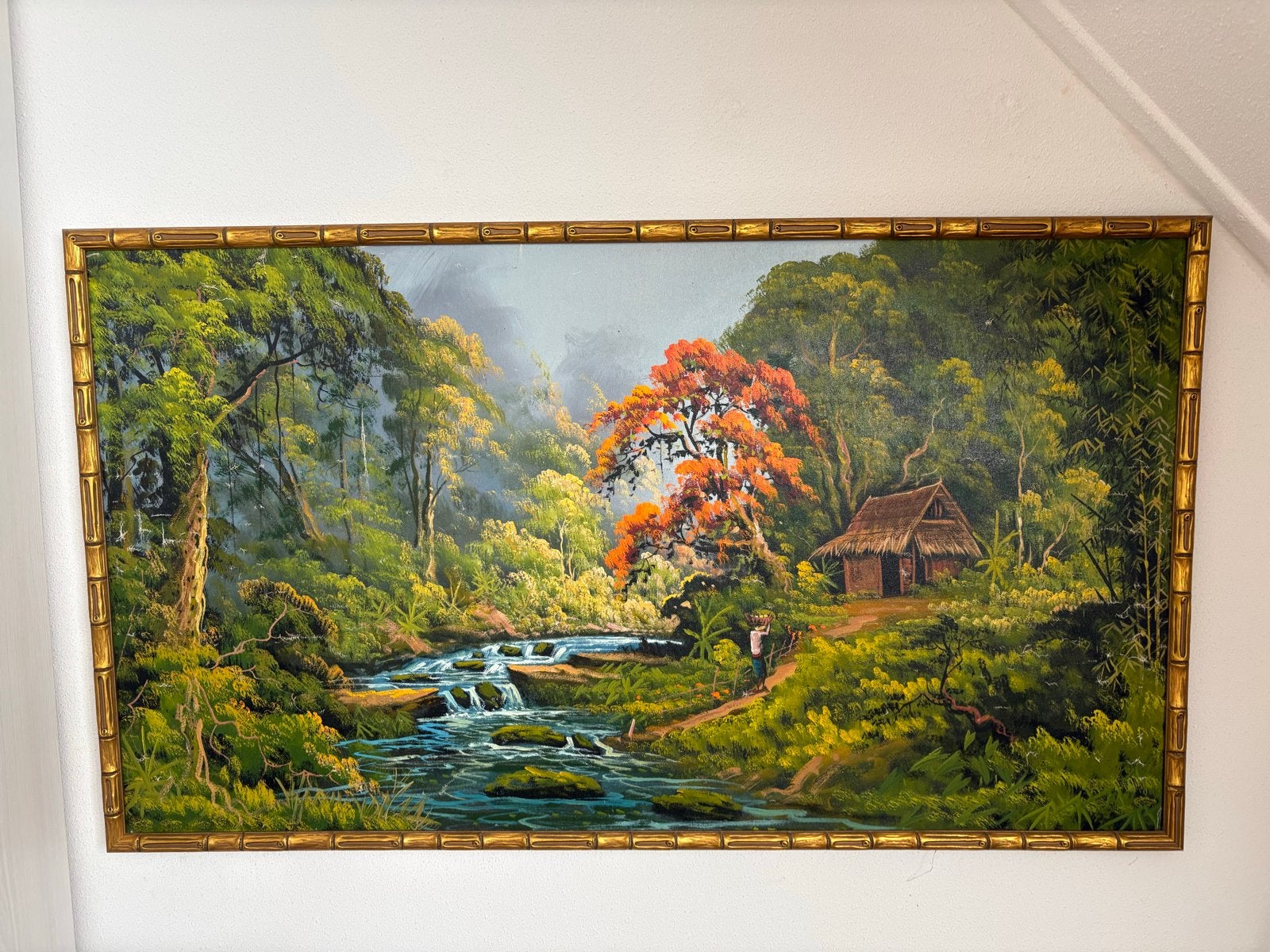 Indisch tafereel op doek met bamboe lijst, 130x75 cm, Ophalen, Doek, Realistisch, Bijzondere lijst