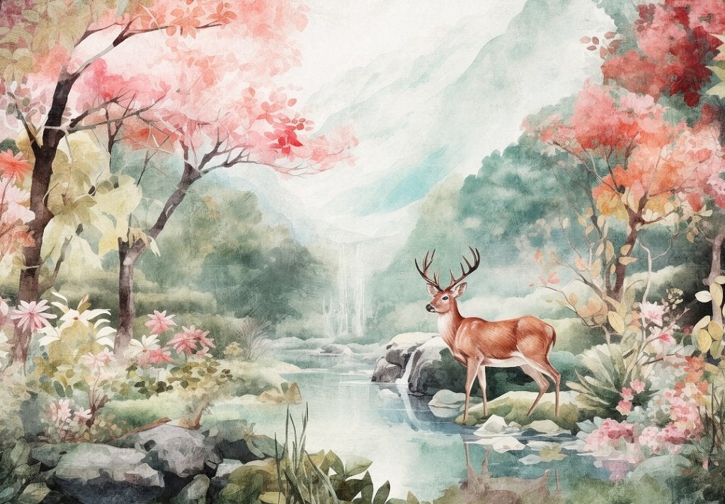 Bosdieren fotobehang Painted Deer, Hertenbehang, Ook op maat, Verzenden, Minder dan 10 m², Natuur, bos, bosdieren, landschap,