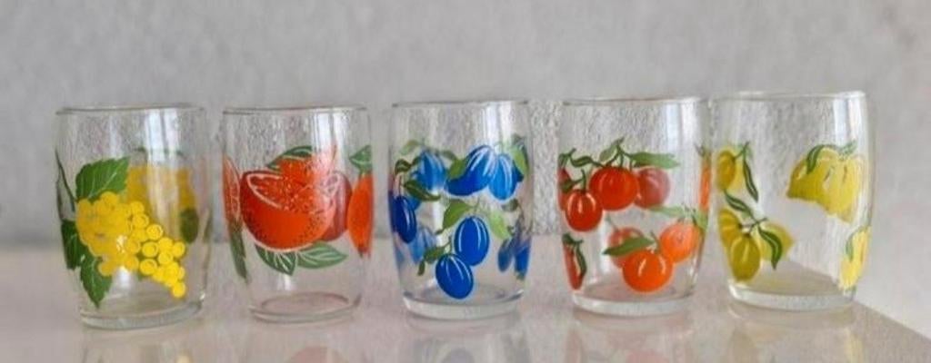 Vijf retro Fruitglaasjes, Verzamelen, Glas en Borrelglaasjes, Zo goed als nieuw, Ophalen of Verzenden