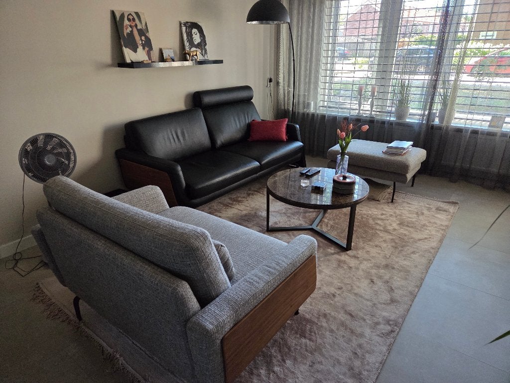 Leren 2 zits + Love seat en hocker in stof, Ophalen, Minder dan 75 cm, 150 tot 200 cm, Zo goed als nieuw