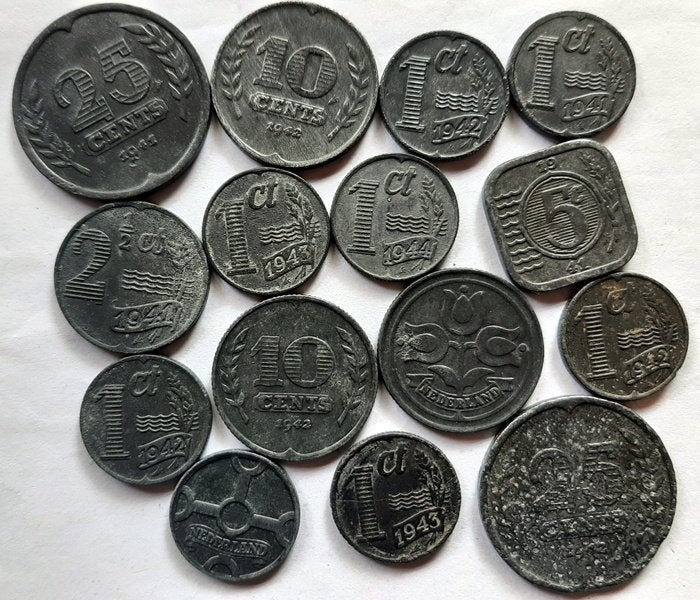 Zinken Oorlogsgeld  Nederland, 15 stuks, Postzegels en Munten, Verzenden, Koningin Wilhelmina