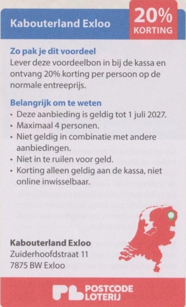 Kabouterland Exloo. 20% korting. Postcodeloterij voordeelbon, Tickets en Kaartjes, Recreatie | Pretparken en Attractieparken, Drie personen of meer