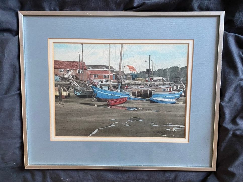 AQUAREL MICHEL DESROCHERS “AFGEMEERDE VISSERSBOTEN”., Ophalen of Verzenden