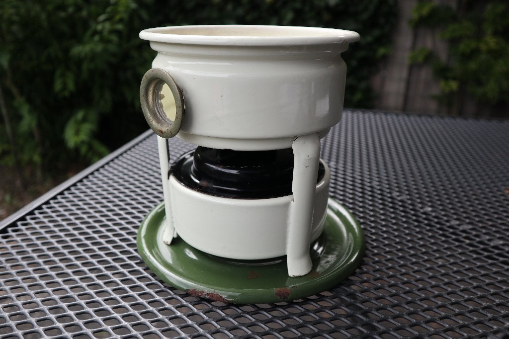 stoof olielamp theelicht emaille wit antiek petroleum stel, Ophalen of Verzenden