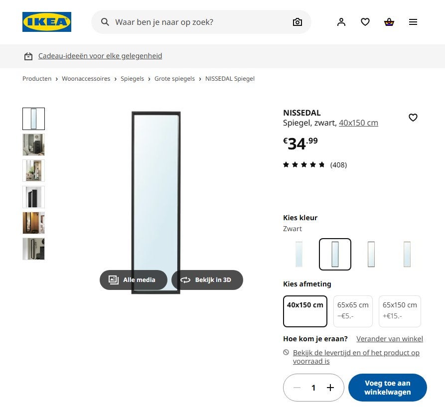 IKEA NISSEDAL Spiegel Zwart 40150 cm – Uitstekende Staat, Ophalen, Minder dan 50 cm, Zo goed als nieuw, 150 tot 200 cm
