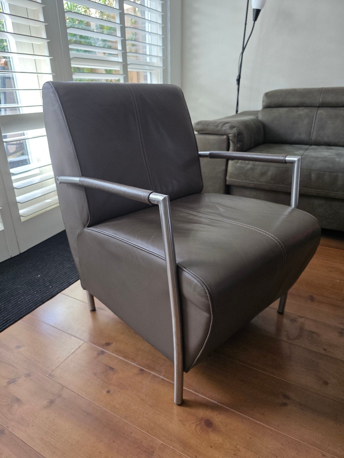 Leren fauteuil met metalen frame - Bruin, Ophalen, Gebruikt, 75 tot 100 cm, Modern