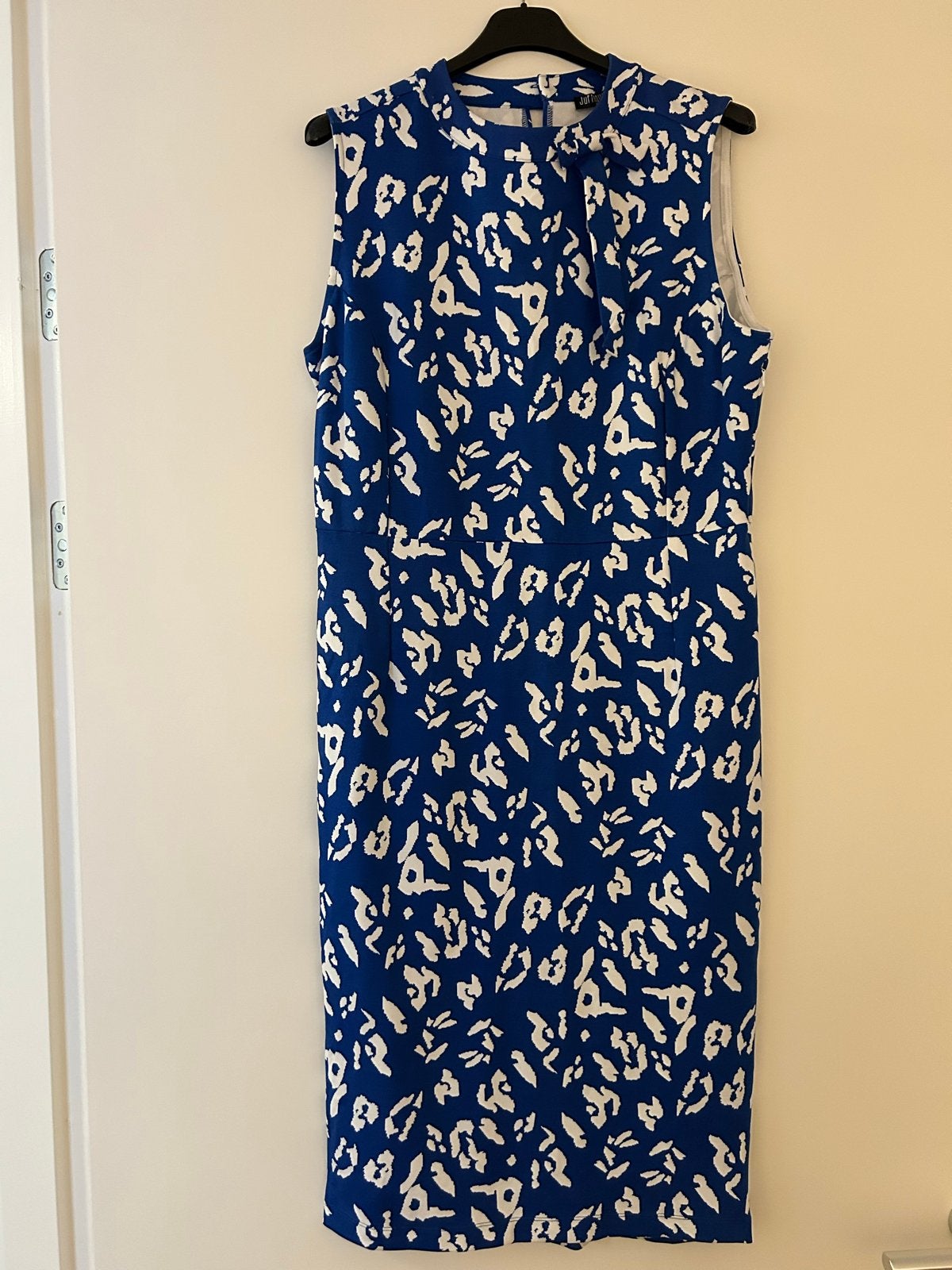 Juffrouw Jansen jurk blauw wit print maat XL 40/42, Ophalen, Blauw, Maat 42/44 (L), Zo goed als nieuw