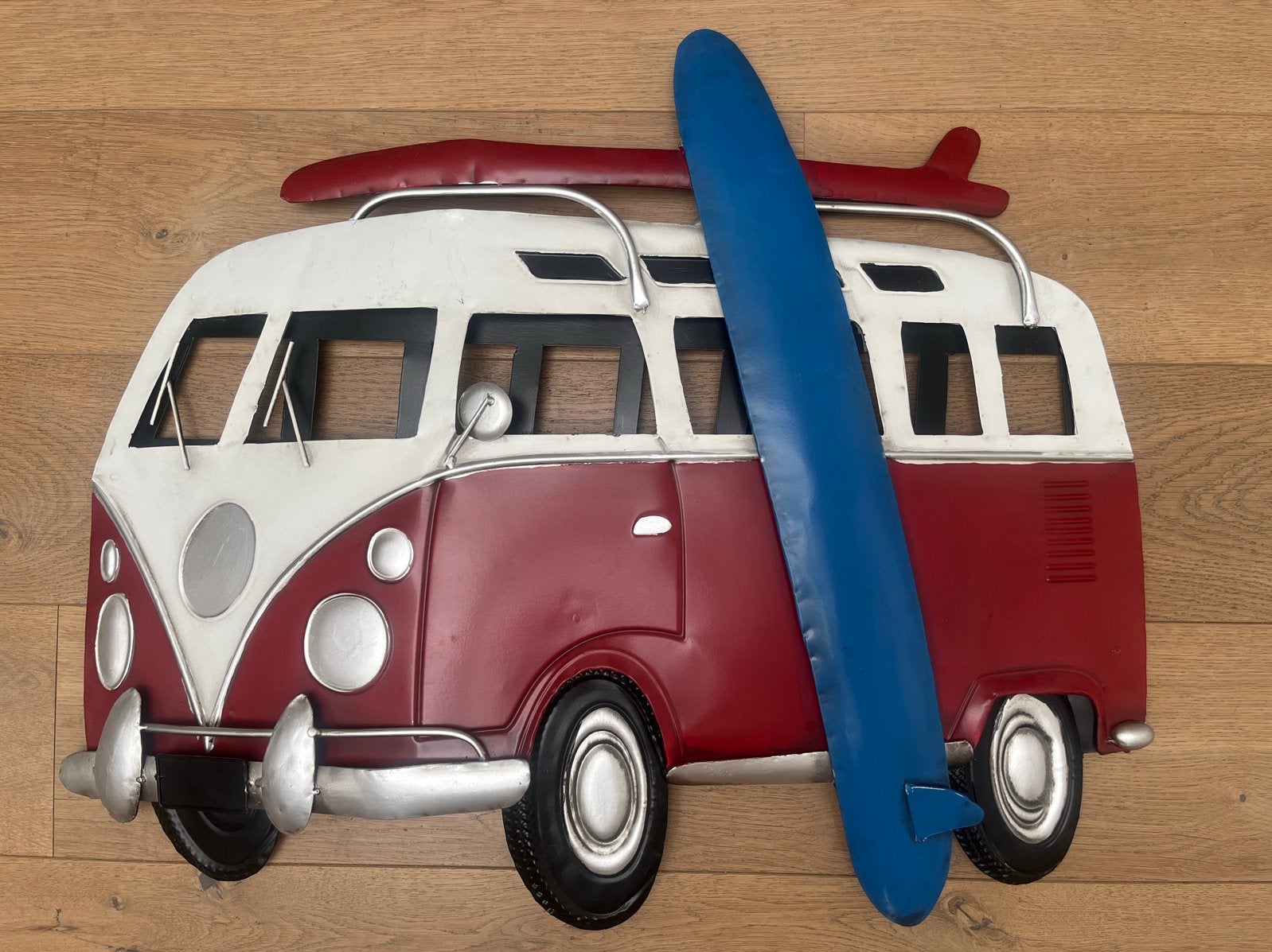 Metalen VW busje met surfplank - 75cm x 50cm, Vintage, Meerkleurig, Ophalen of Verzenden, Zo goed als nieuw