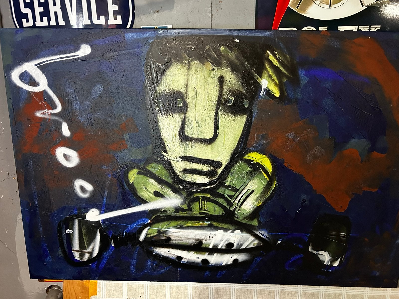 Schilderij in stijl Herman Brood: Man in kart, Ophalen of Verzenden, Overige materialen, Gemengde techniek, Figuren