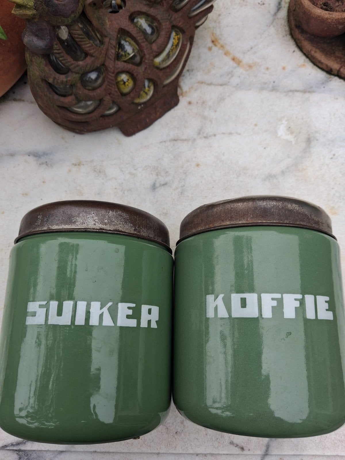 Vintage Suiker en Koffie Blikken - Groen Emaille, Ophalen of Verzenden