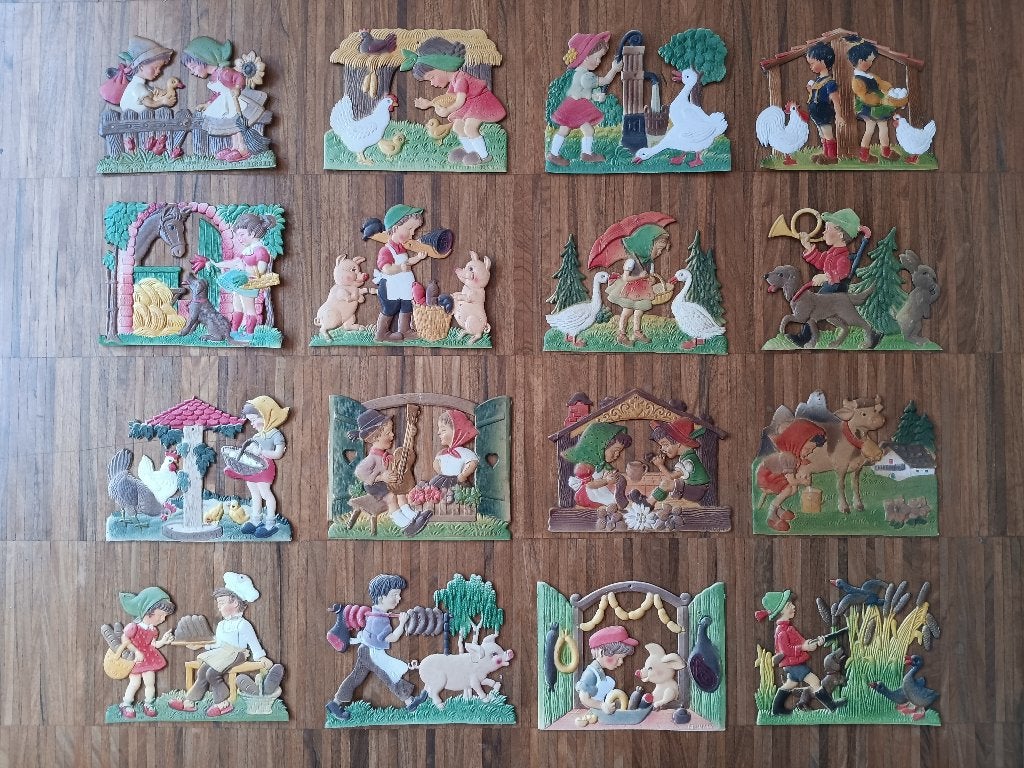 Oude decoratieve kartonnen prenten (22 stuks), 1960 tot 1980, Gebruikt, Ophalen of Verzenden, Prent