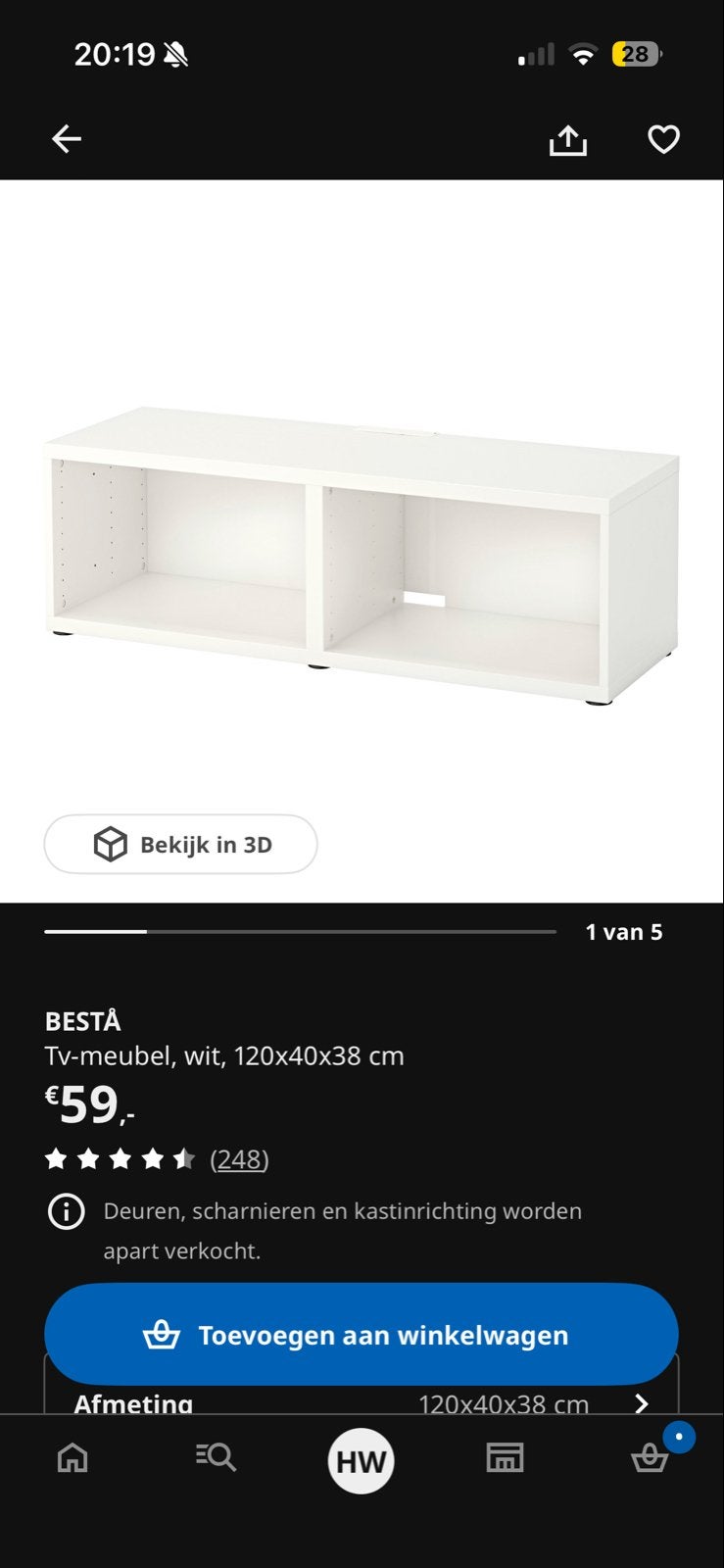 IKEA BESTÅ TV-meubel wit 120x40x38 cm, Ophalen, Overige materialen, 100 tot 150 cm, Zo goed als nieuw