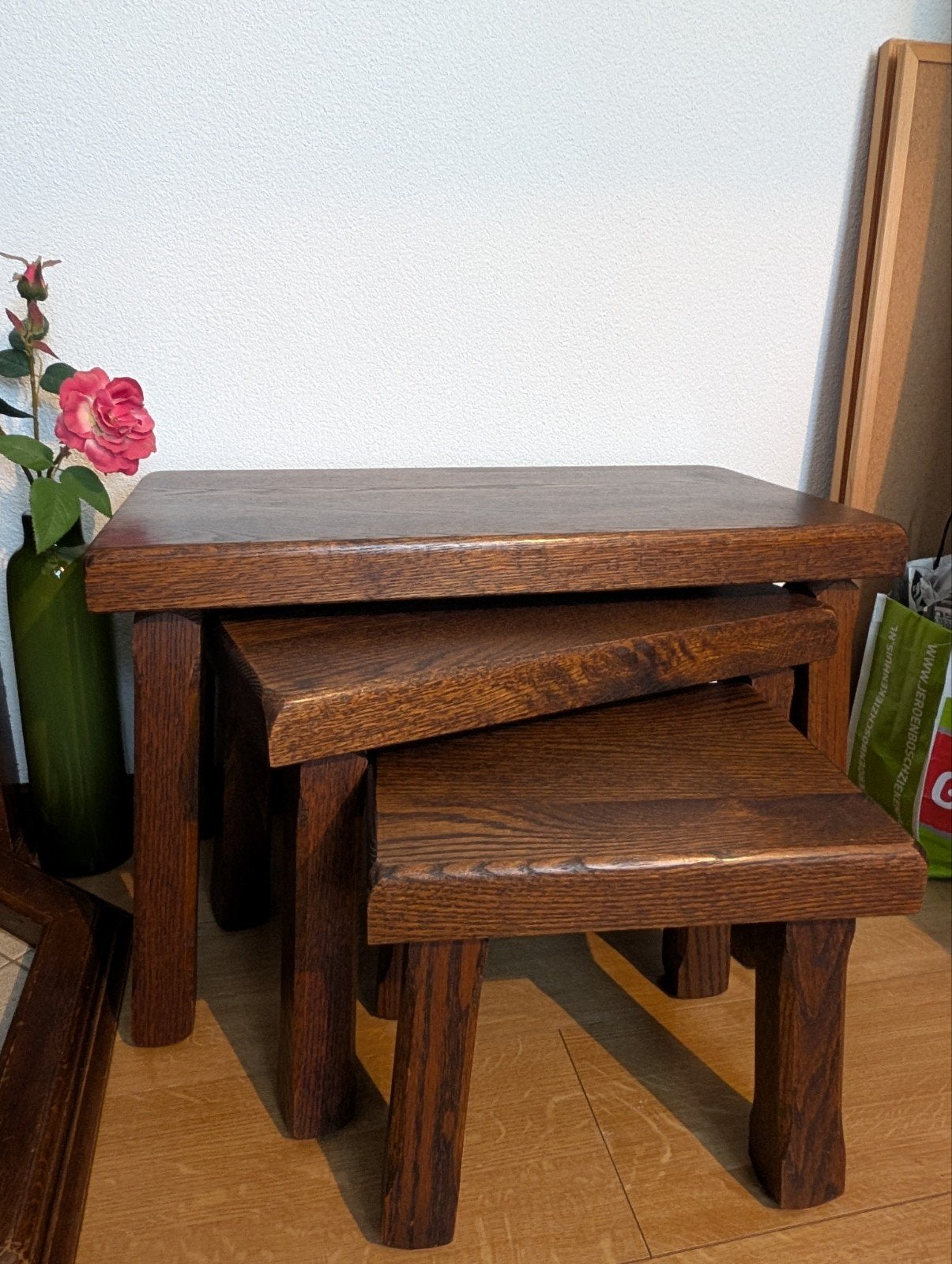 Eikenhouten mimiset bijzettafels, Ophalen, Minder dan 45 cm, Minder dan 55 cm, Gebruikt
