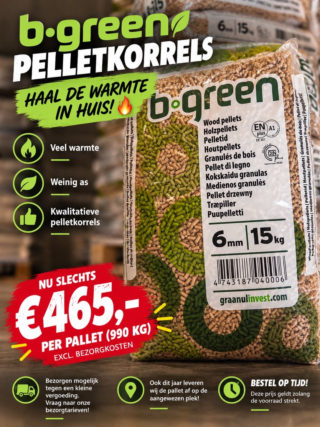 Houtpellets, pelletkorrels, korrels >5.0 kwh, Minder dan 3 m³, Ophalen