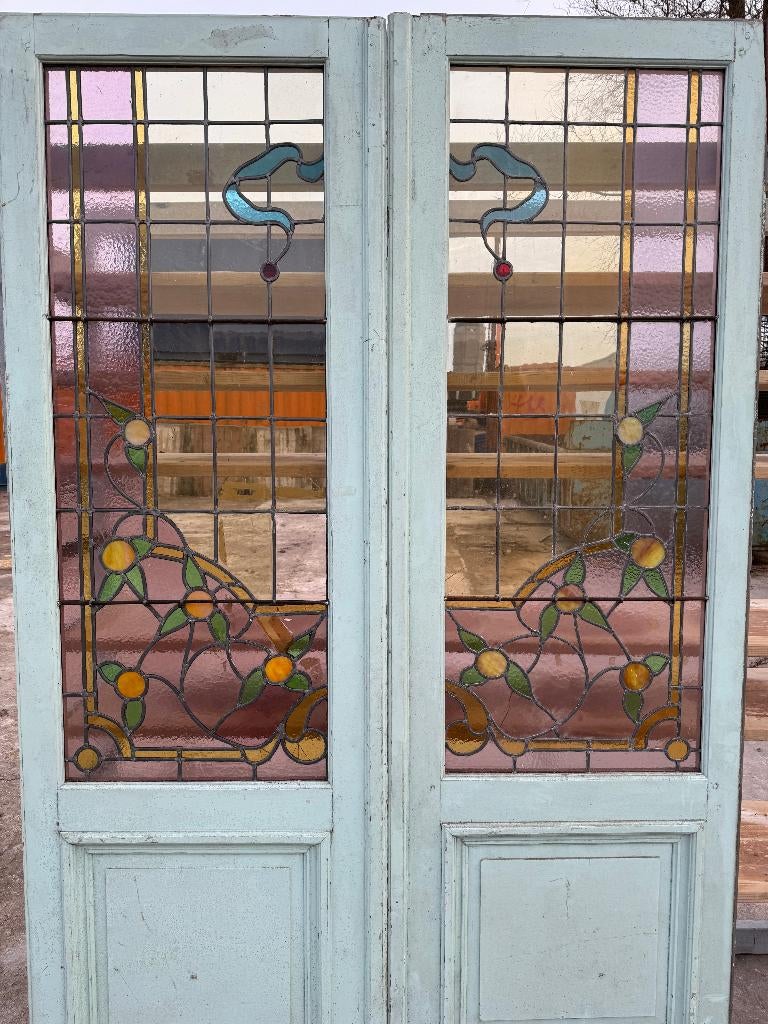 Set openslaande glas in lood deuren jugendstil 224x140cm.