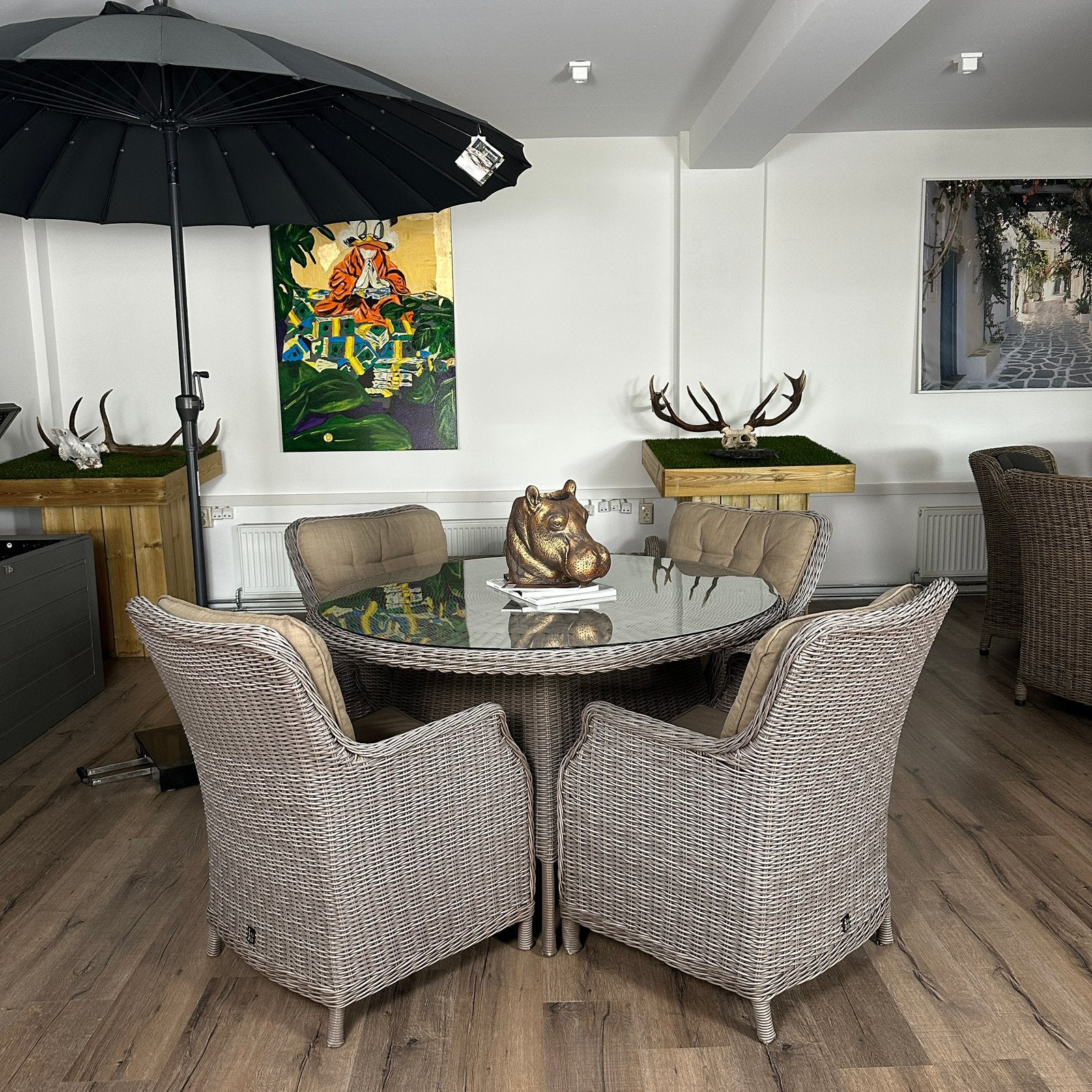 Ronde Wicker Tuinset Ø130 cm – 4 Comfortabele Stoelen