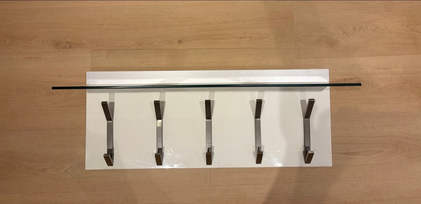 Witte kapstok met glazen plank en 5 RVS haken, Overige materialen, Gebruikt, Minder dan 100 cm, Ophalen