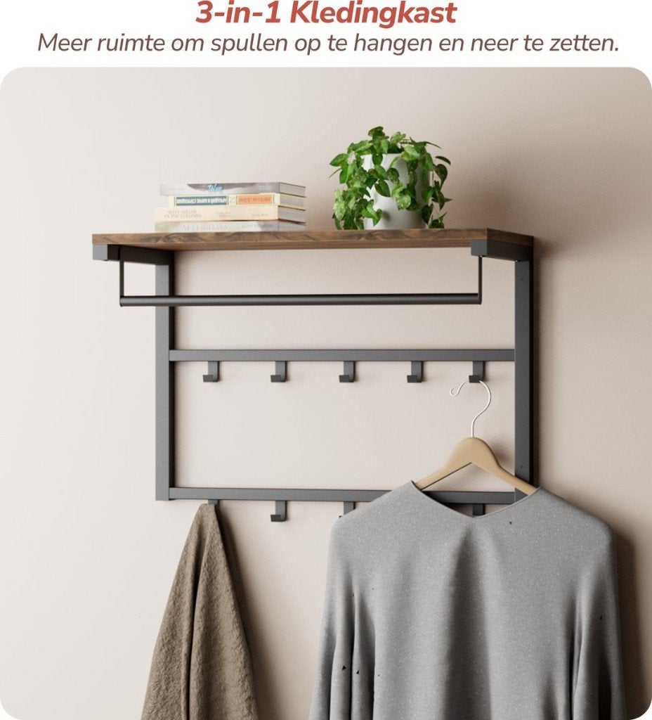 Wandkapstok Bruin-Kapstokken-Hout&Metaal-10Haken-60x30x42cm-, Huis en Inrichting, Woonaccessoires | Kapstokken, Wandkapstok, Nieuw