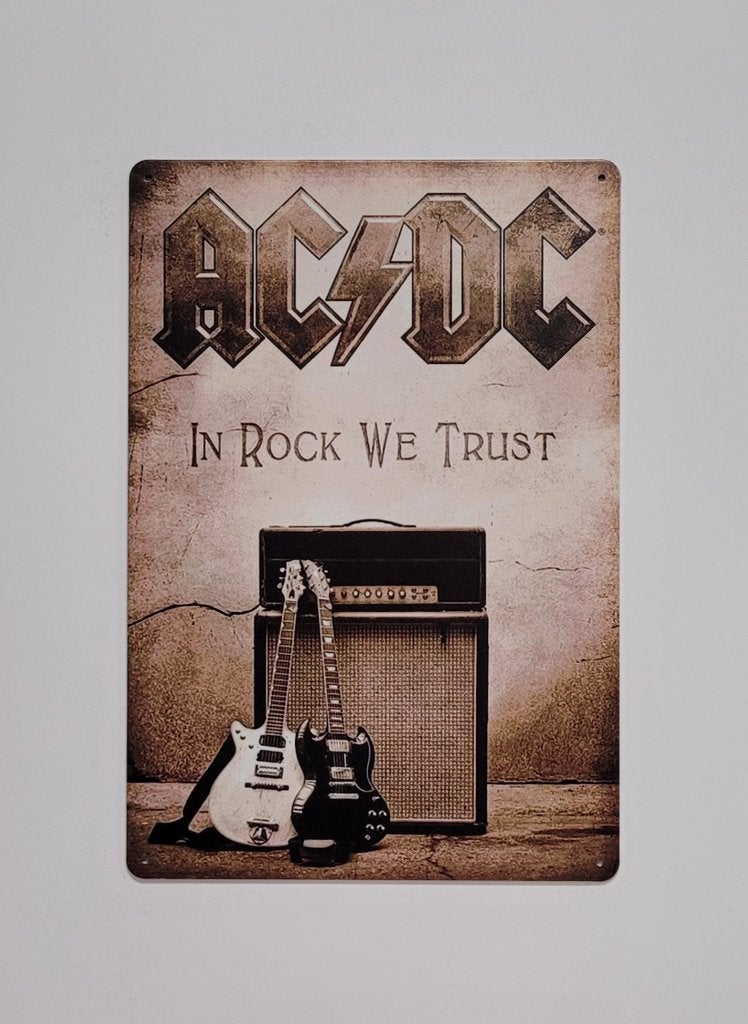 ACDC in rock we trust reclamebord van metaal wandbord deco, Info@deconoord.nl, Deco Noord, Nieuw, Ophalen of Verzenden