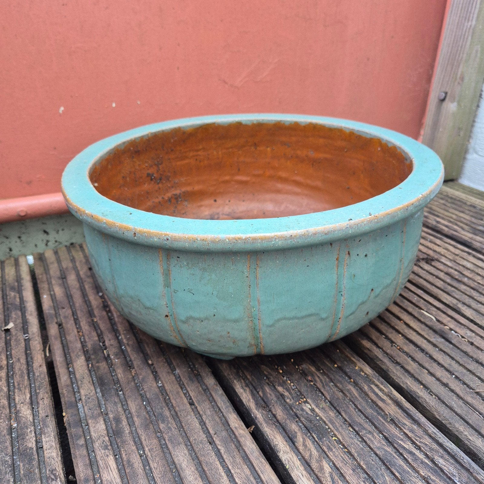 Grote turquoise bloempot van aardewerk, Ophalen, Gebruikt, 40 cm of meer, Rond