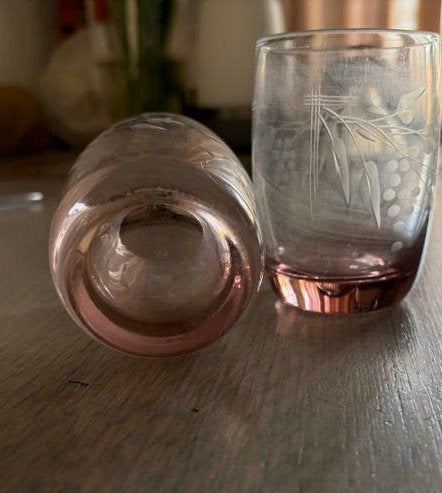 Roze vintage geëtste drinkglazen (druivenmotief) – set van 6, Ophalen of Verzenden