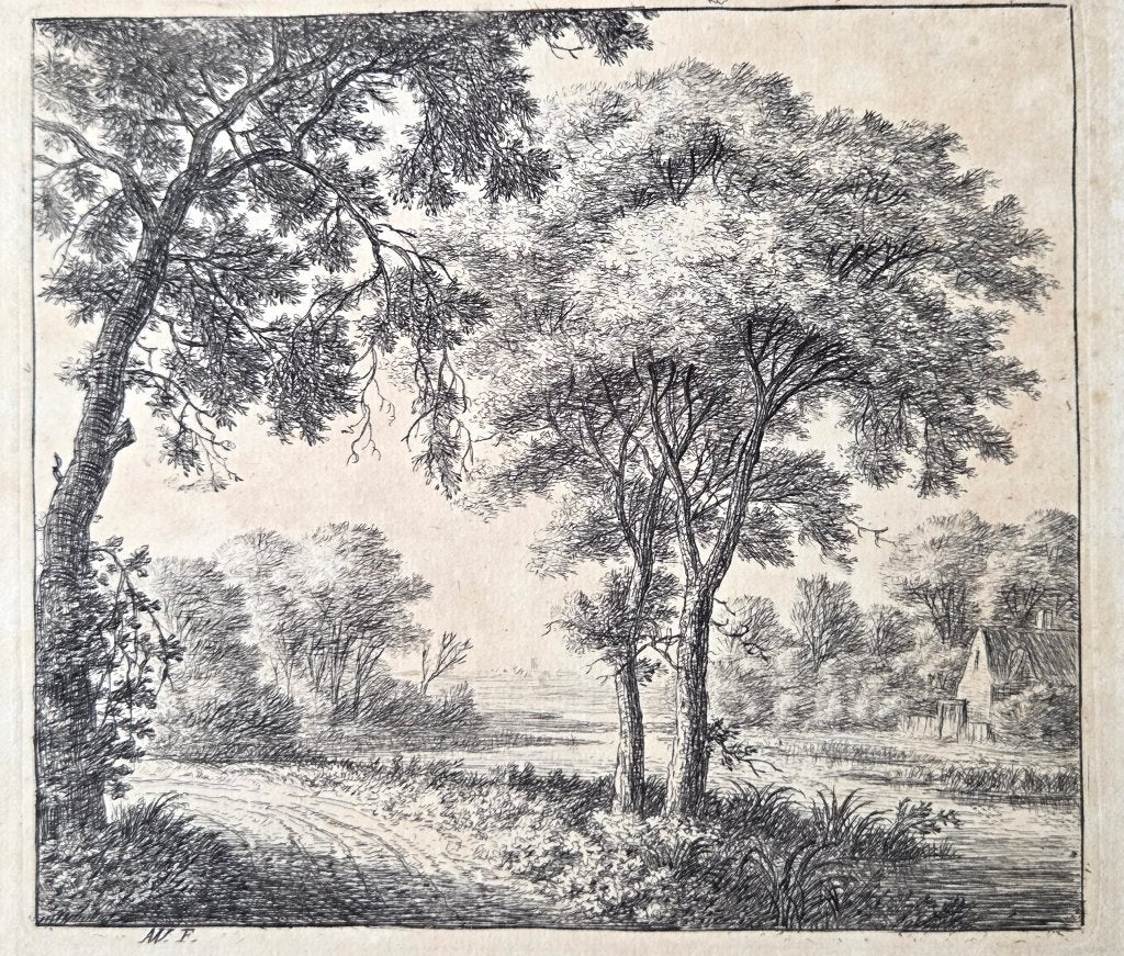 18e eeuwse ets met boslandschap van A. Waterloo (1609-1690), Gesigneerd, 1600 - 1699, 12 cm, 14 cm