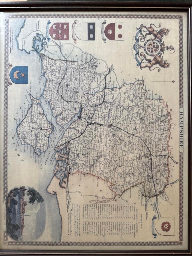 Antieke Kaart Hampshire, Engeland - Ingelijst, Boeken, Atlassen en Landkaarten, Gelezen, Verenigd Koninkrijk, Ophalen of Verzenden