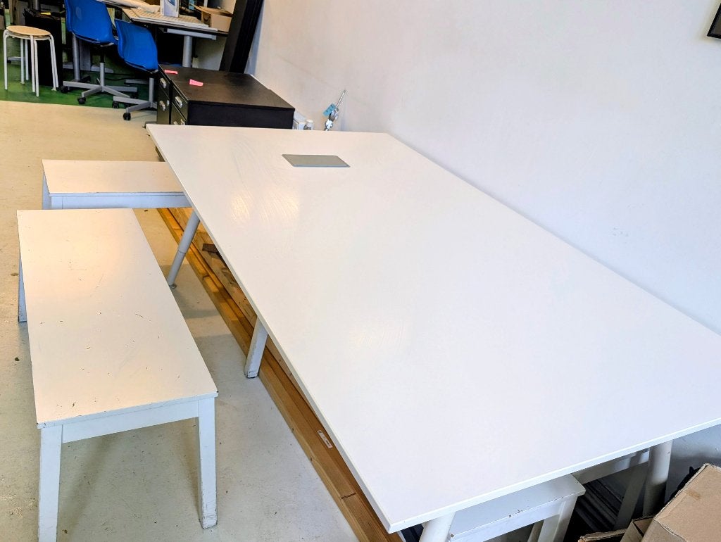 Gratis Grote lunchtafel / vergadertafel + bankjes 195x110, Gebruikt, 100 tot 150 cm, Vijf personen of meer, 150 tot 200 cm