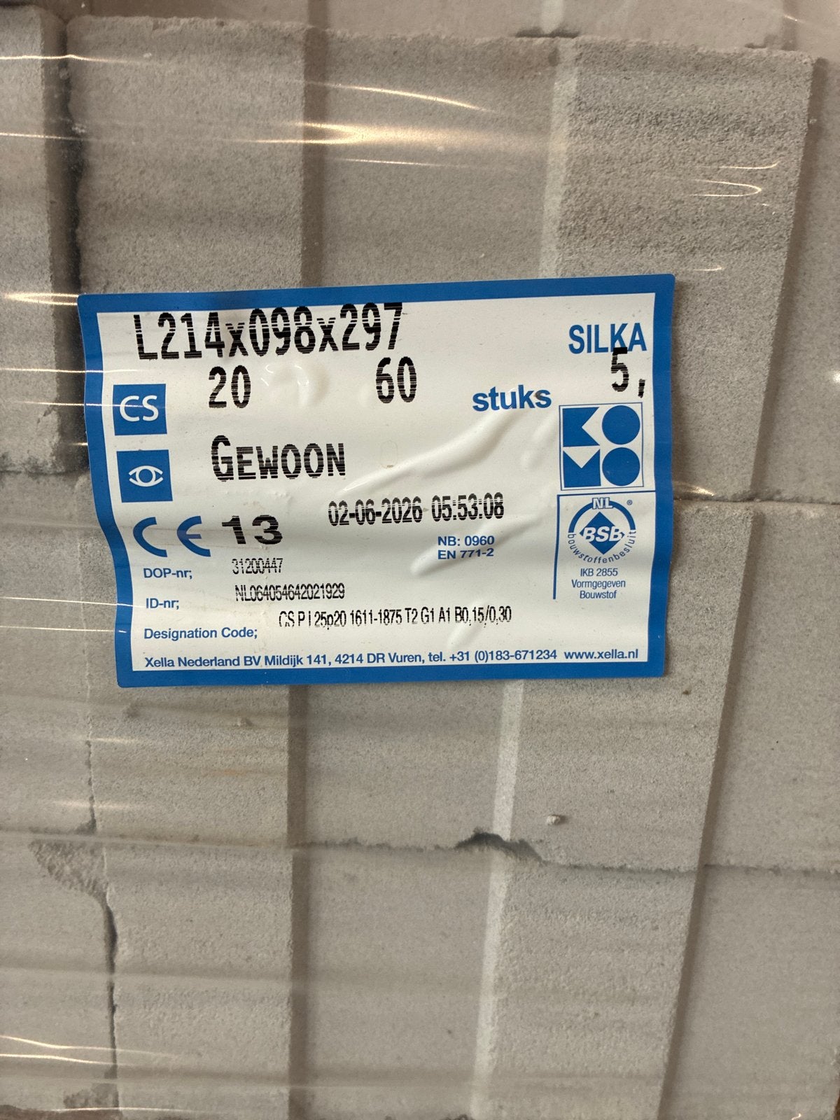 45 st Silka Kalkzandsteenblokken L214x098x297, Doe-het-zelf en Verbouw, Metselstenen, Ophalen, Nieuw, Kalkzandstenen