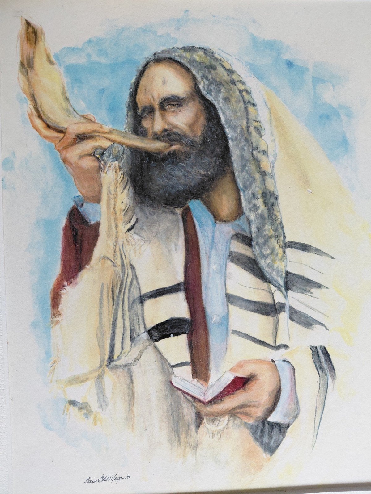 Aquarel Schilderij: Man met Sjofar - Ingelijst, Portret of Personen, Realistisch, Aquarel, Papier