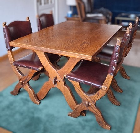 4 eikenhouten eethoekstoelen met leren bekleding, Ophalen, Gebruikt, Bruin, Vier