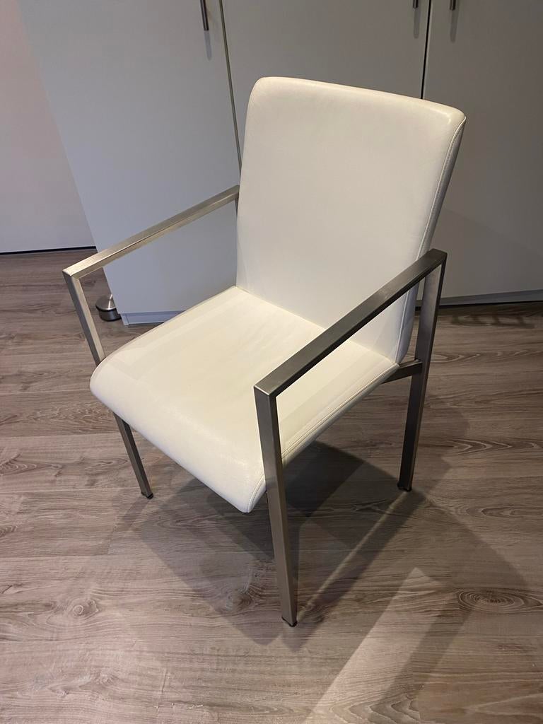 Set van 4 Stijlvolle Eetkamerstoelen RVS en Leer modern, Huis en Inrichting, Stoelen, Zo goed als nieuw, Vier, Leer, Wit, Ophalen