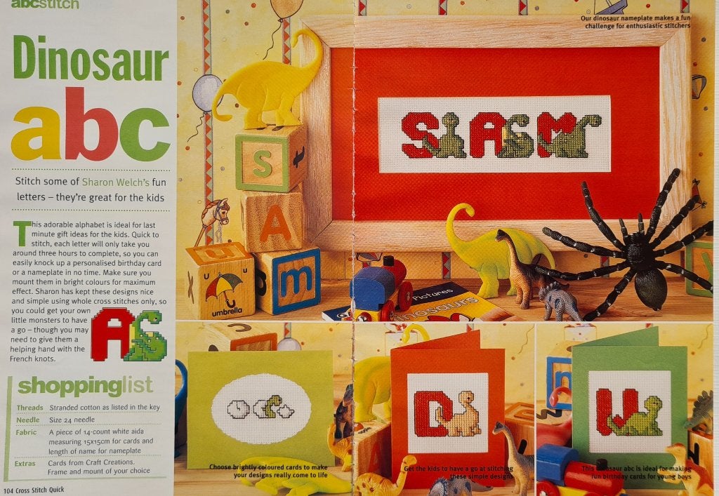 Dinosaurus ABC alfabet borduurpatroon, Ophalen, Nieuw, Handborduren, Patroon