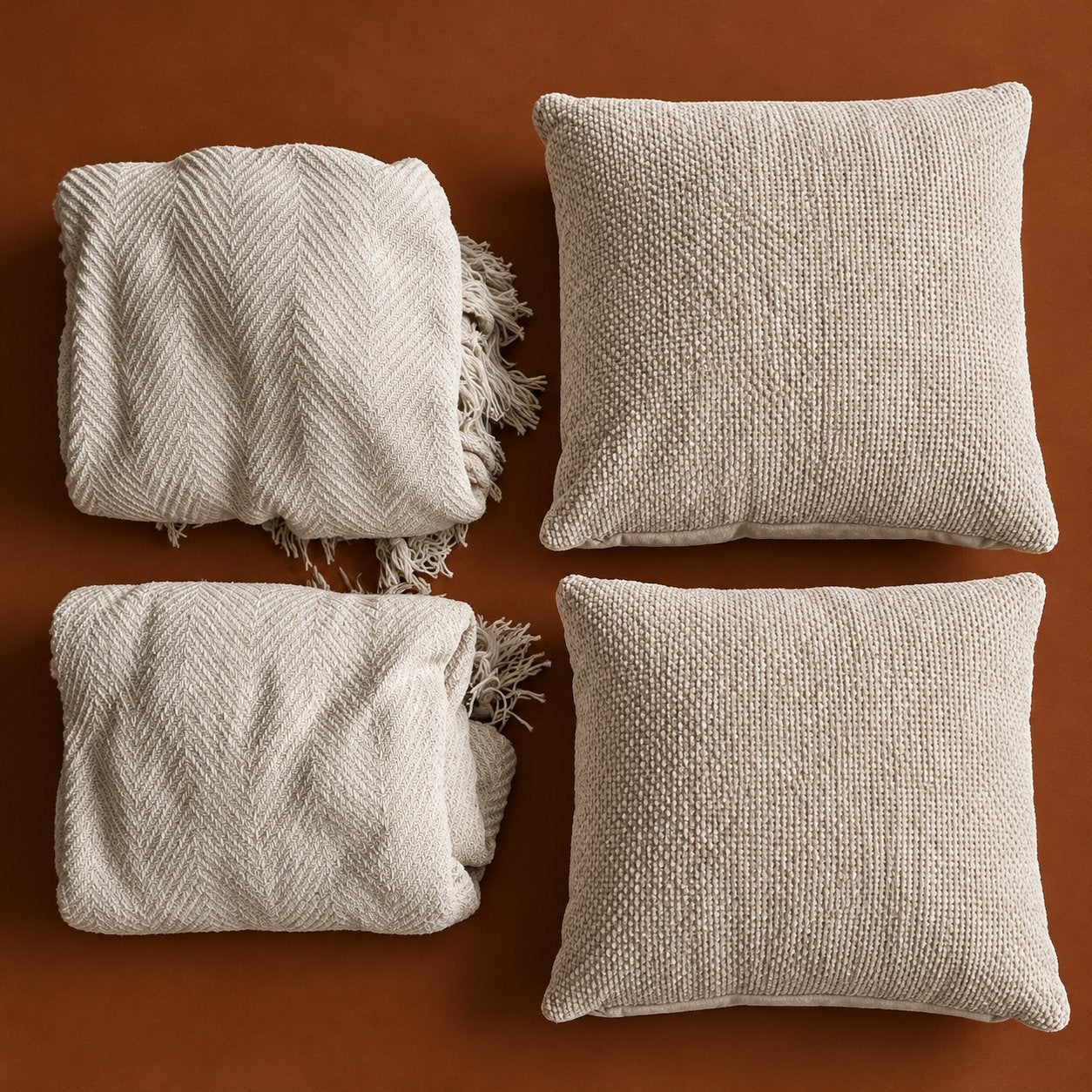 Complete set: 2 sierkussens & 2 plaids | Beige/Zandkleur, Overige merken, Beige, Vierkant, Ophalen of Verzenden