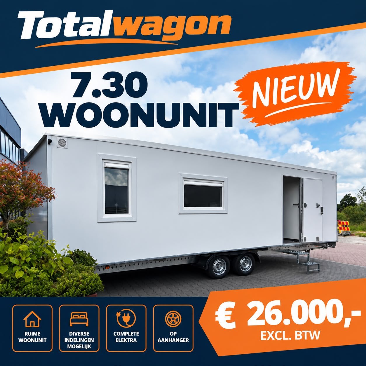 Te koop nieuwe en jong gebruikte woonunits slaapwagens 7 mt, Zakelijke goederen, Ophalen, Totalwagon, Info@totalwagon.nl, Stirlingstraat 5 Beek 7037 DG