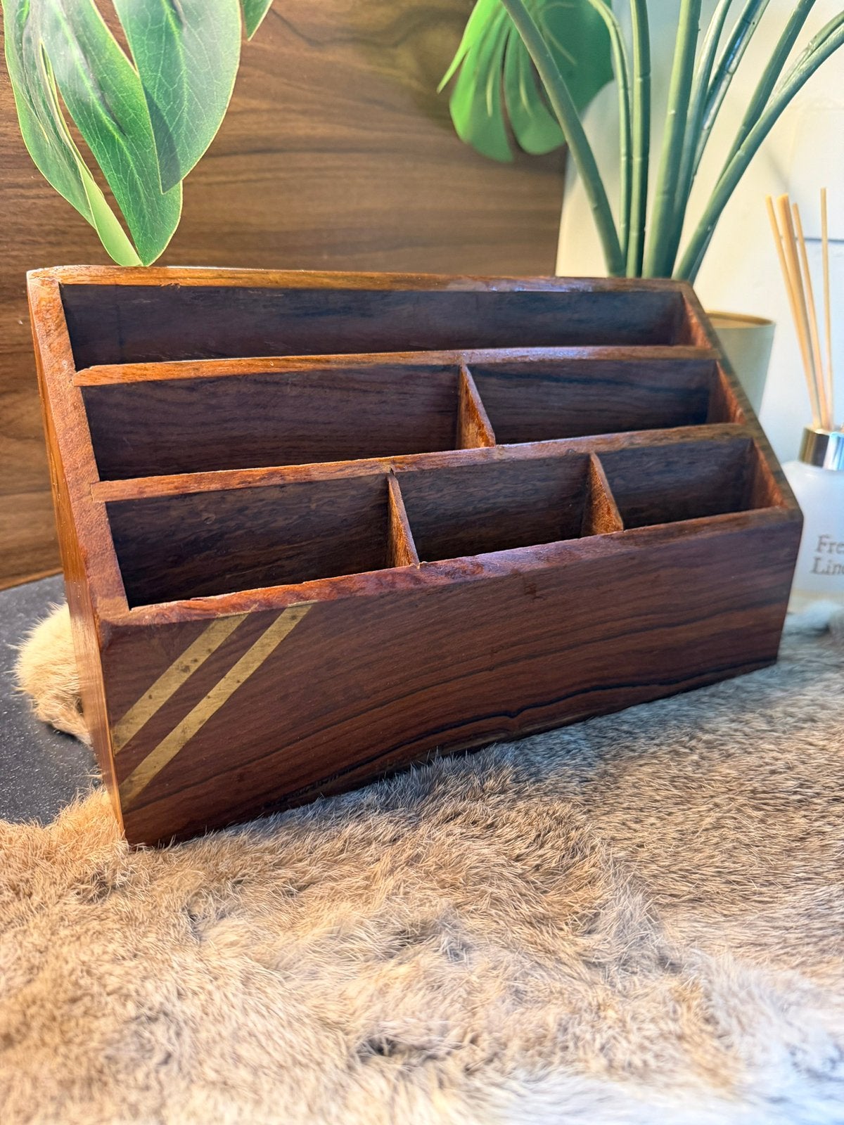 Vintage Houten Bureau-Organizer met messing inleg (Sheesham), Ophalen