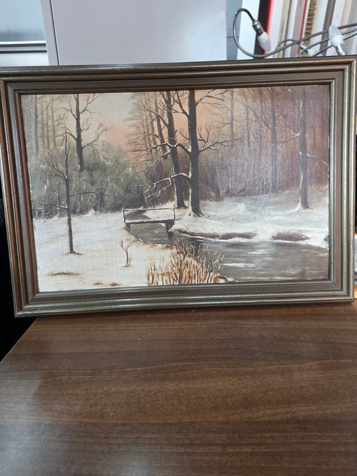 Schilderij Winterlandschap met brug en beek, Ophalen of Verzenden