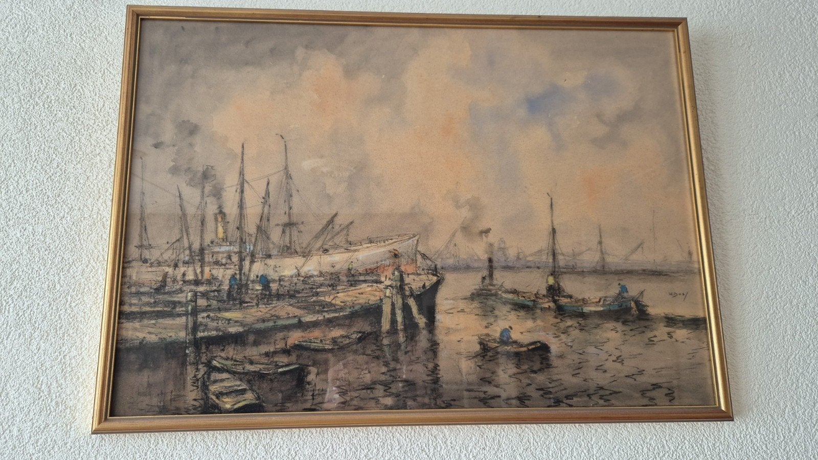 ORIGINEEL SCHILDERIJ VAN W BOS  HAVEN GEZICHT ROTTERDAM, Antiek en Kunst, Ophalen, Tekening, Maritiem / water