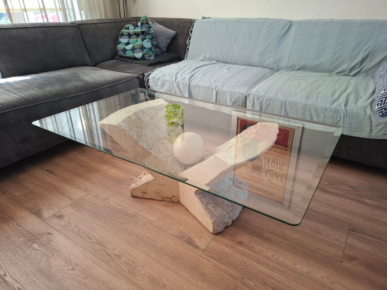 Salon tafel glas marmeren look, Ophalen, 100 tot 150 cm, 50 tot 100 cm, Rechthoekig