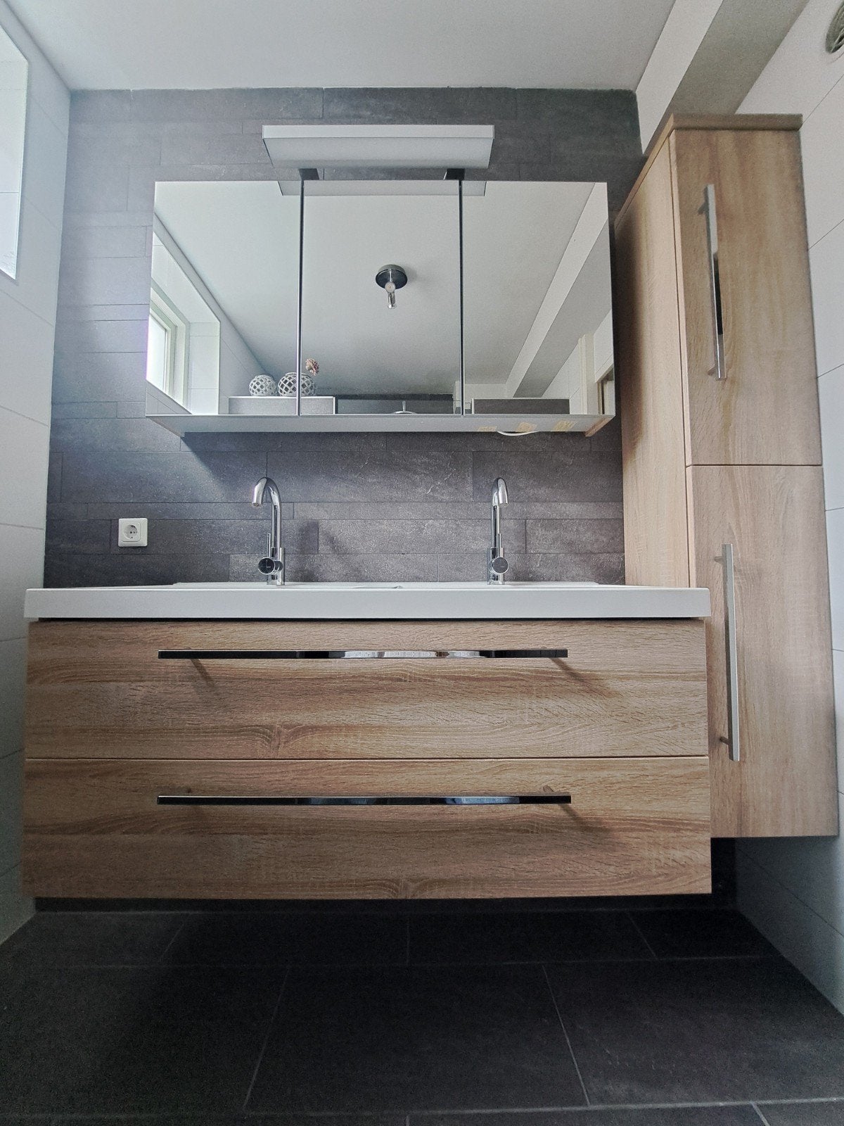 Comple dubbele wastafelset 120cm met spiegelkast + hoge kast, Ophalen, Gebruikt