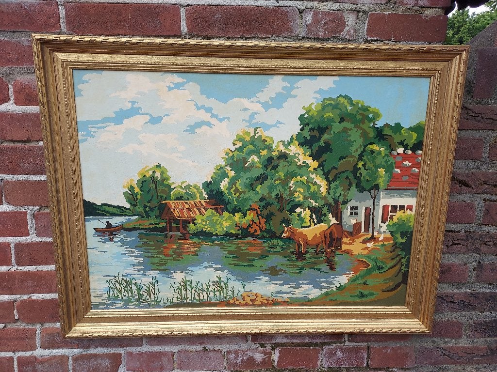 Schilderij, waterlandschap met koeien, impressionisme., Paneel, Origineel werk, Impressionistisch, Ophalen of Verzenden