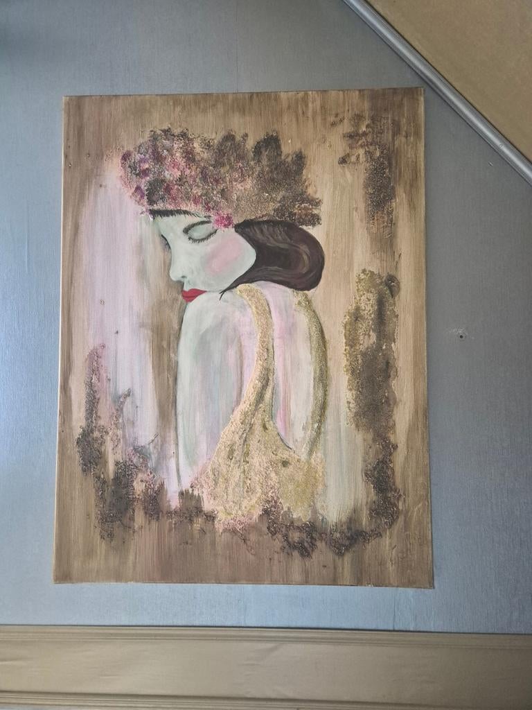 Schilderij acrylverf met hier en daar zand., Verzenden