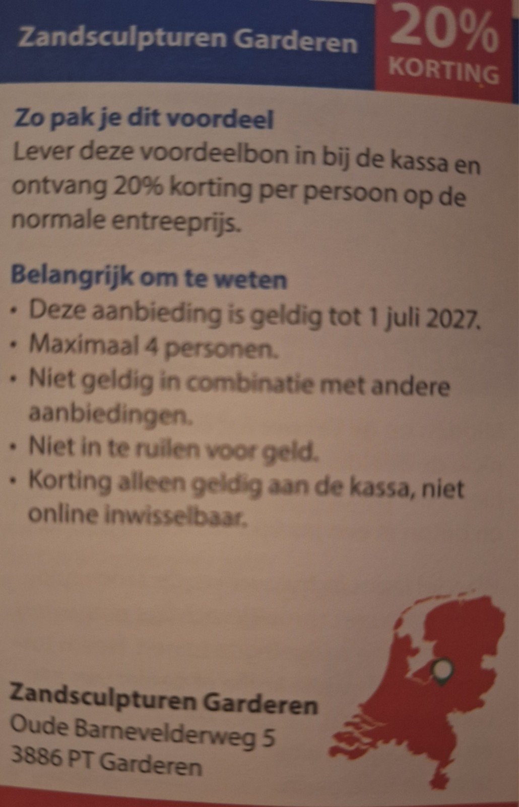 Zandsculpturen Garderen 20% korting, Tickets en Kaartjes, Drie personen of meer, Kortingsbon