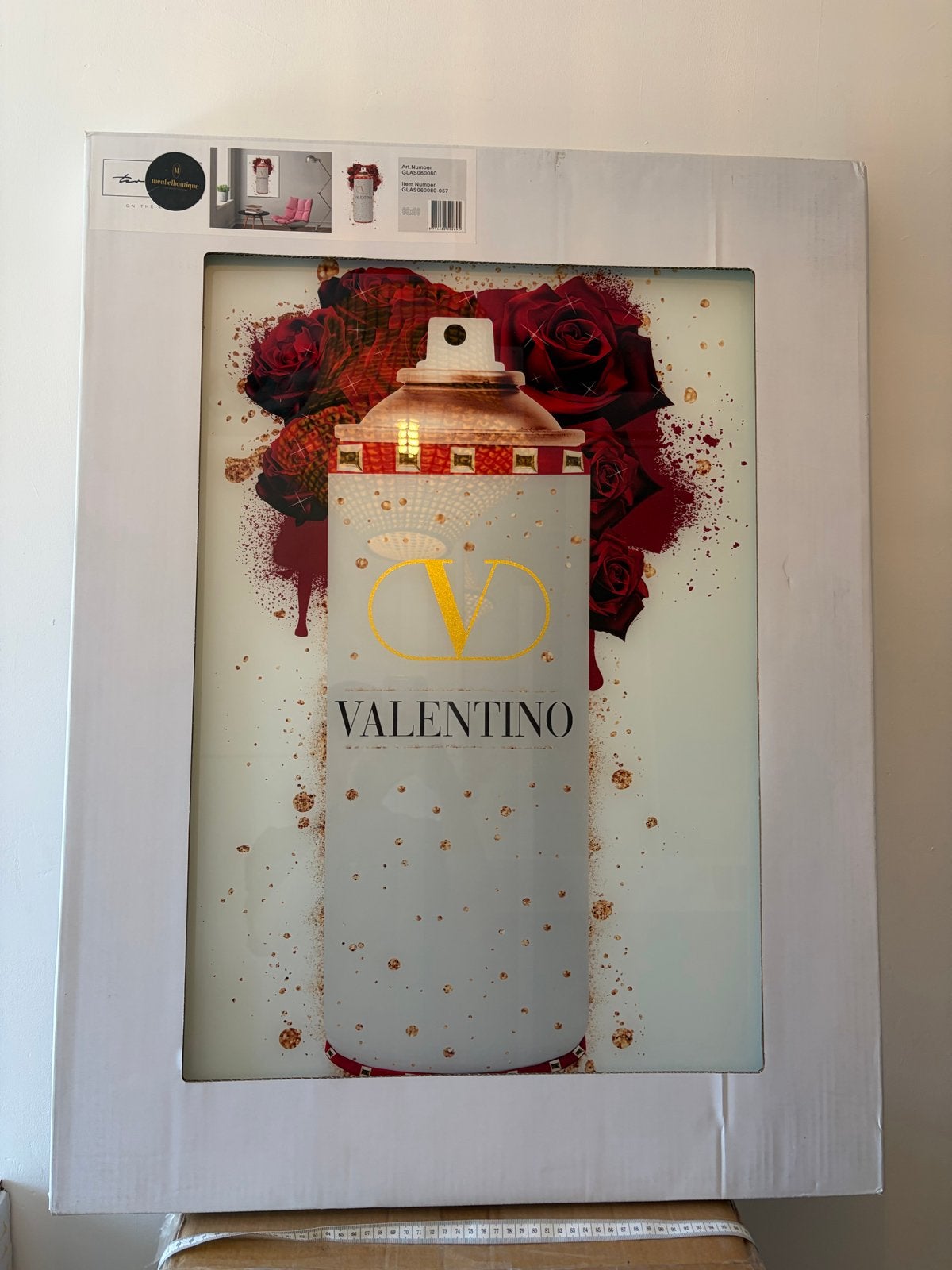 Valentino Spray Can Kunstwerk - Modern Glas Schilderij, Antiek en Kunst, Ophalen, Glas, Achter glas, Print