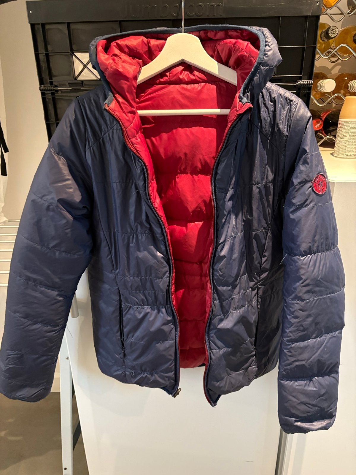 Marco Polo omkeerbare gewatteerde jas- unisex - Blauw/Rood, Kleding | Dames, Ophalen, Zo goed als nieuw, Maat 38/40 (M), Blauw